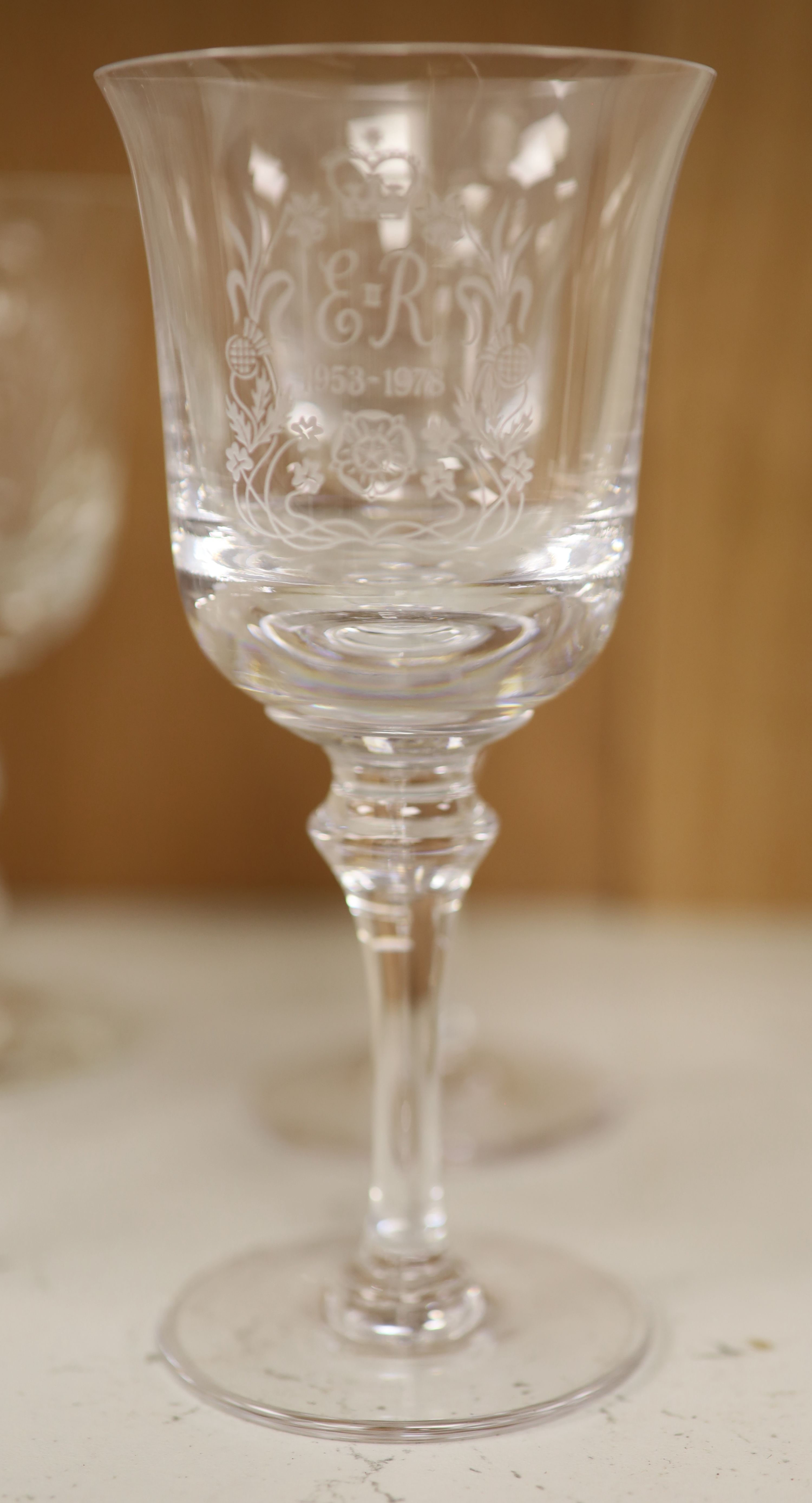 Twelve commemorative glass goblets